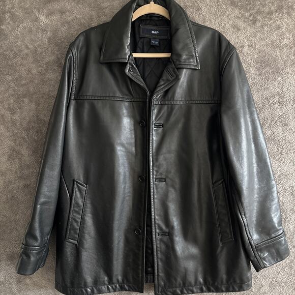 Vintage Gap Car Coat Leather Jacket Quilted Black Mens Large Biker